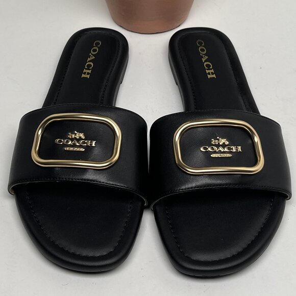 Coach Evy Black Leather Slide Sandals Gold Logo Plaque Women’s 9B Slip with Box - Picture 4 of 13